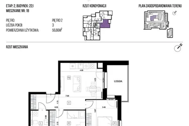 Rzut - Mieszkanie na sprzedaż 3 pokoje o powierzchni 56,66 m² - numer 22J/18 w NATURAMA II