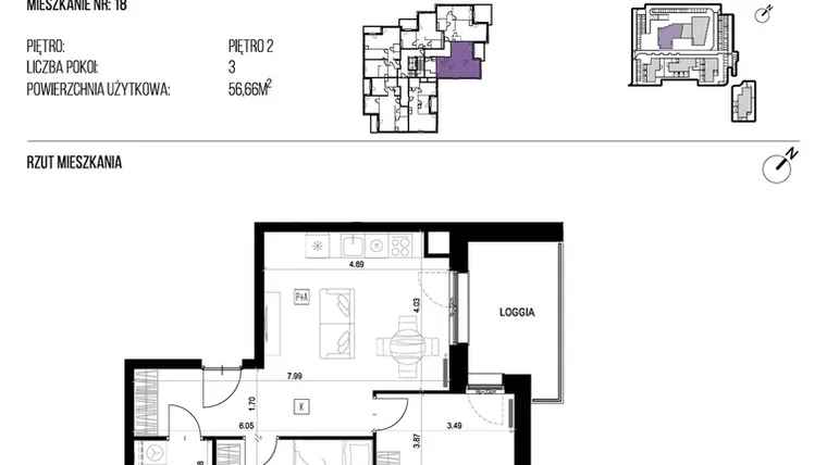 Rzut - Mieszkanie na sprzedaż 3 pokoje o powierzchni 56,66 m² - numer 22J/18 w NATURAMA II
