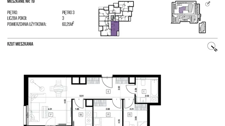 Rzut - Mieszkanie na sprzedaż 3 pokoje o powierzchni 60,25 m² - numer 22J/19 w NATURAMA II