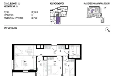 Rzut - Mieszkanie na sprzedaż 3 pokoje o powierzchni 60,25 m² - numer 22J/19 w NATURAMA II