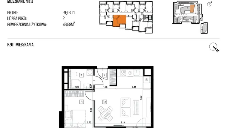 Rzut - Mieszkanie na sprzedaż 2 pokoje o powierzchni 46,58 m² - numer 22K/03 w NATURAMA II