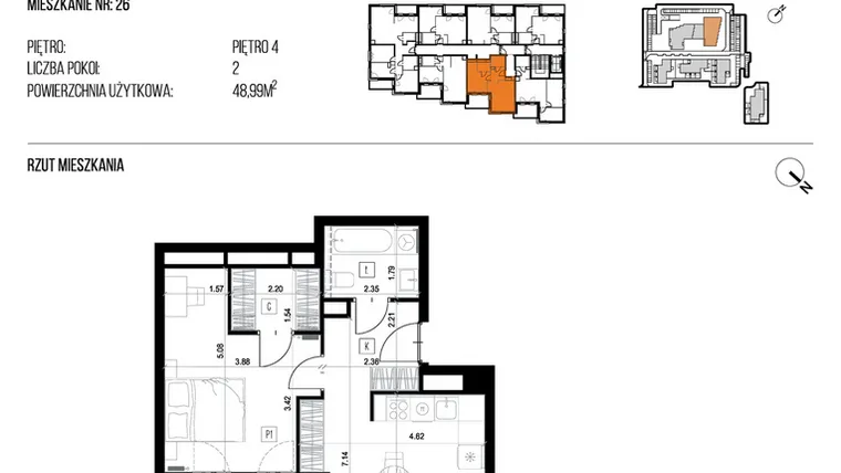 Rzut - Mieszkanie na sprzedaż 2 pokoje o powierzchni 48,99 m² - numer 22K/26 w NATURAMA II