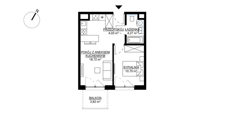 Rzut - Mieszkanie na sprzedaż 2 pokoje o powierzchni 37,72 m² - numer M45 w KWADRAT etap 2
