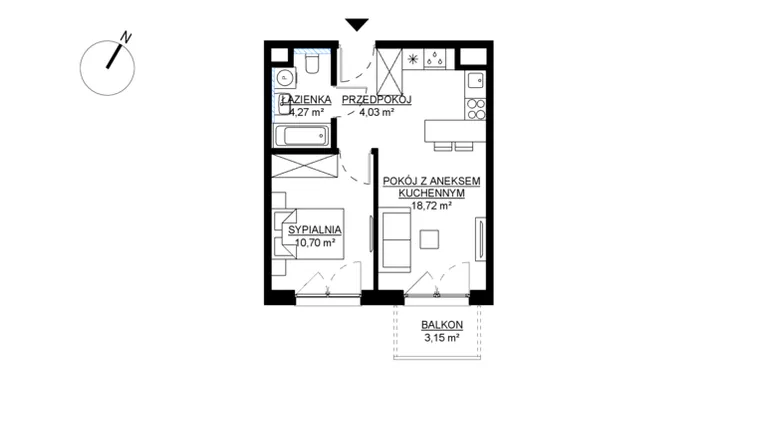 Rzut - Mieszkanie na sprzedaż 2 pokoje o powierzchni 37,72 m² - numer M48 w KWADRAT etap 2
