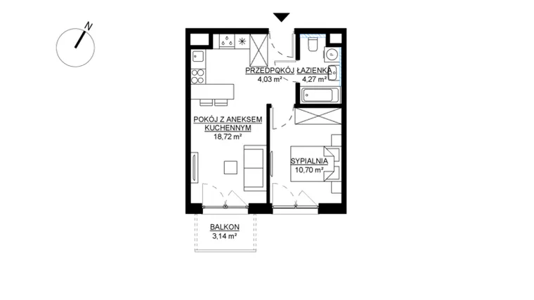 Rzut - Mieszkanie na sprzedaż 2 pokoje o powierzchni 37,72 m² - numer M49 w KWADRAT etap 2