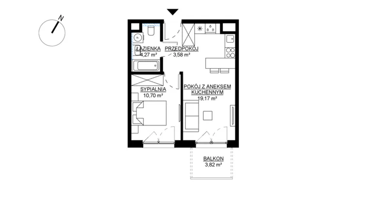 Rzut - Mieszkanie na sprzedaż 2 pokoje o powierzchni 37,72 m² - numer M52 w KWADRAT etap 2