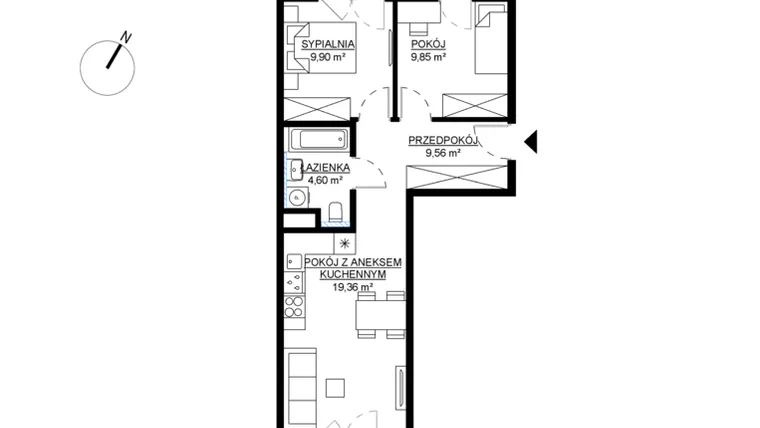 Rzut - Mieszkanie na sprzedaż 3 pokoje o powierzchni 53,27 m² - numer M54 w KWADRAT etap 2