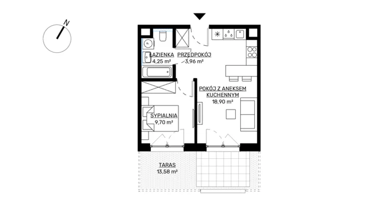 Rzut - Mieszkanie na sprzedaż 2 pokoje o powierzchni 36,81 m² - numer M58 w KWADRAT etap 2