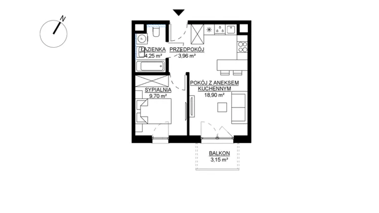 Rzut - Mieszkanie na sprzedaż 2 pokoje o powierzchni 36,81 m² - numer M82 w KWADRAT etap 2