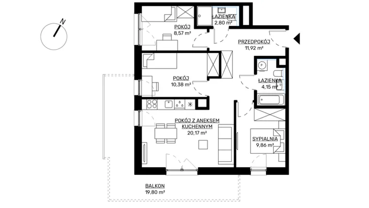 Rzut - Mieszkanie na sprzedaż 4 pokoje o powierzchni 67,85 m² - numer M14 w KWADRAT etap 2
