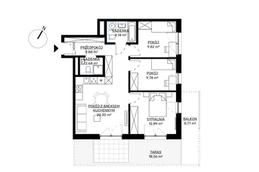 Rzut - Mieszkanie na sprzedaż 4 pokoje o powierzchni 69,49 m² - numer M56 w KWADRAT etap 2