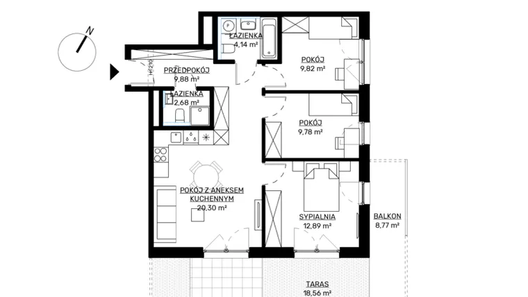 Rzut - Mieszkanie na sprzedaż 4 pokoje o powierzchni 69,49 m² - numer M56 w KWADRAT etap 2