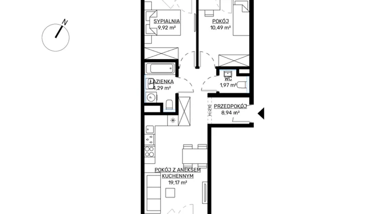 Rzut - Mieszkanie na sprzedaż 3 pokoje o powierzchni 54,78 m² - numer M59 w KWADRAT etap 2