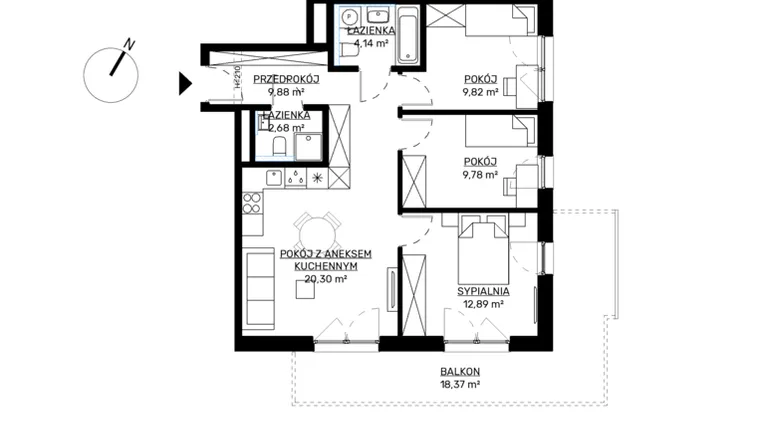Rzut - Mieszkanie na sprzedaż 4 pokoje o powierzchni 69,49 m² - numer M61 w KWADRAT etap 2