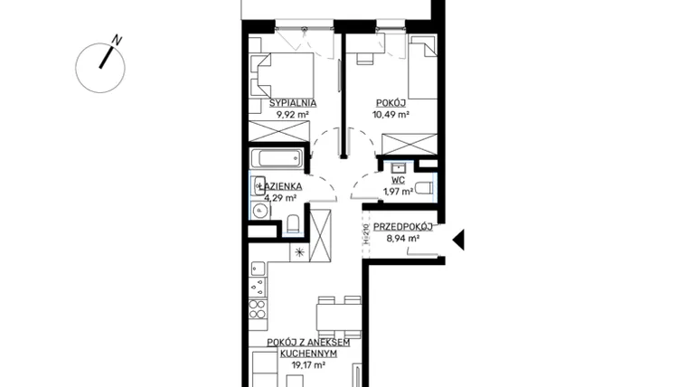 Rzut - Mieszkanie na sprzedaż 3 pokoje o powierzchni 54,78 m² - numer M84 w KWADRAT etap 2