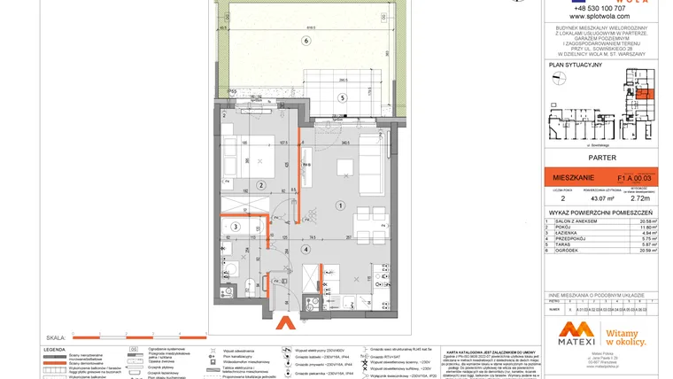Rzut - Mieszkanie na sprzedaż 2 pokoje o powierzchni 43,07 m² - numer F1.A.00.03 w Splot Wola