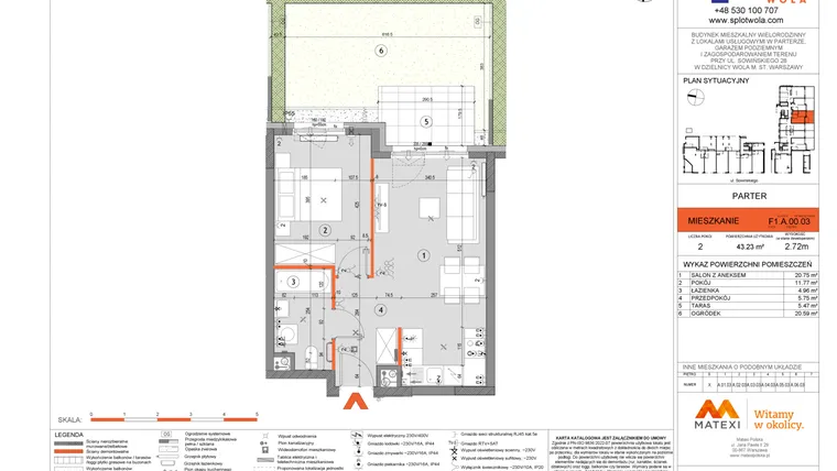 Rzut - Mieszkanie na sprzedaż 2 pokoje o powierzchni 43,23 m² - numer F1.A.00.03 w Splot Wola