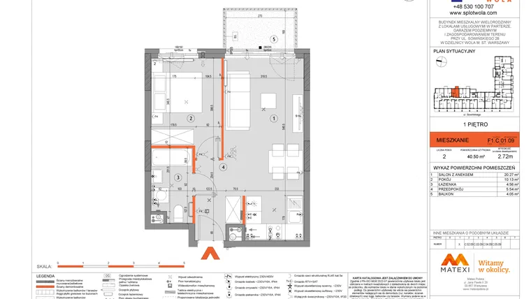Rzut - Mieszkanie na sprzedaż 2 pokoje o powierzchni 40,5 m² - numer F1.C.01.09 w Splot Wola