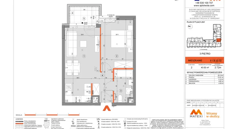 Rzut - Mieszkanie na sprzedaż 2 pokoje o powierzchni 43,52 m² - numer F1.B.03.02 w Splot Wola