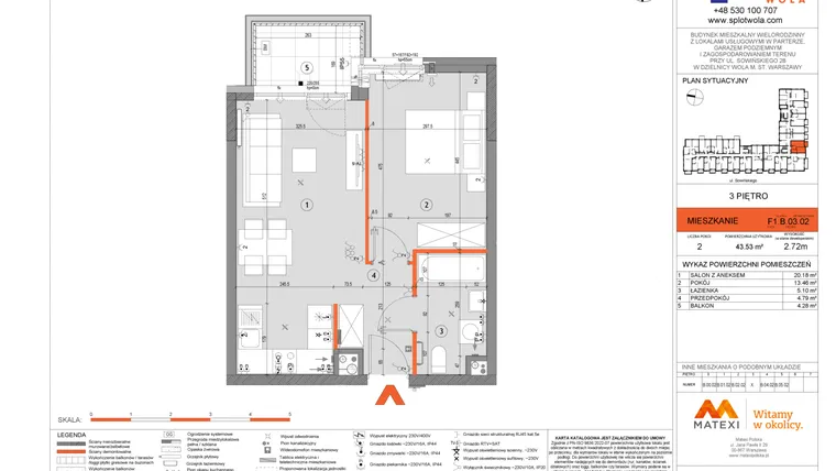Rzut - Mieszkanie na sprzedaż 2 pokoje o powierzchni 43,53 m² - numer F1.B.03.02 w Splot Wola