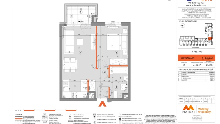 Rzut - Mieszkanie na sprzedaż 2 pokoje o powierzchni 41,39 m² - numer F1.B.04.02 w Splot Wola