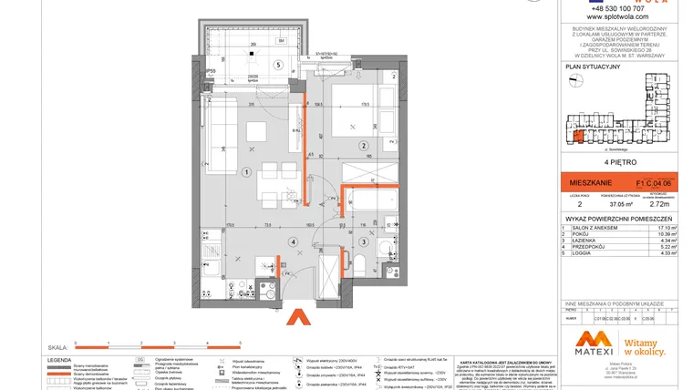 Rzut - Mieszkanie na sprzedaż 2 pokoje o powierzchni 37,05 m² - numer F1.C.04.06 w Splot Wola