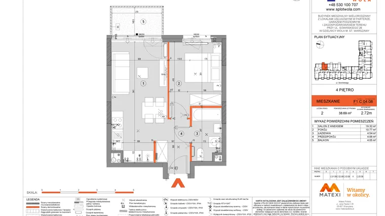 Rzut - Mieszkanie na sprzedaż 2 pokoje o powierzchni 38,69 m² - numer F1.C.04.08 w Splot Wola