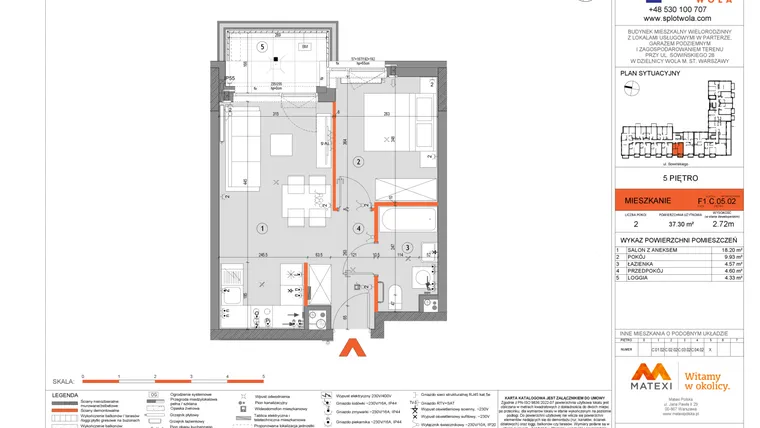Rzut - Mieszkanie na sprzedaż 2 pokoje o powierzchni 37,3 m² - numer F1.C.05.02 w Splot Wola
