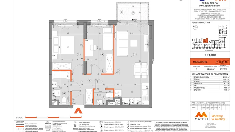 Rzut - Mieszkanie na sprzedaż 3 pokoje o powierzchni 59,05 m² - numer F1.C.05.10 w Splot Wola