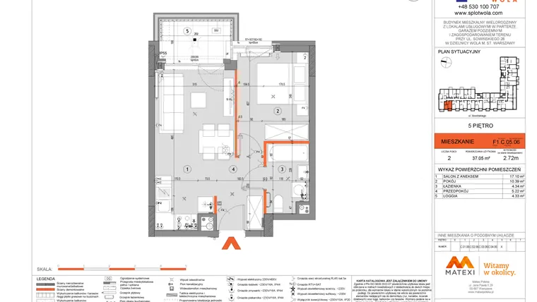 Rzut - Mieszkanie na sprzedaż 2 pokoje o powierzchni 37,05 m² - numer F1.C.05.06 w Splot Wola