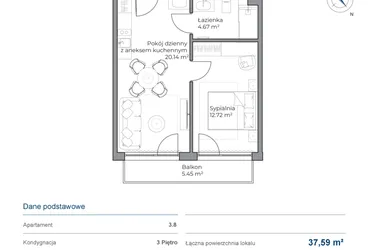 Rzut - Mieszkanie na sprzedaż 2 pokoje o powierzchni 37,59 m² - numer B.3.8 w Anchoria Holiday
