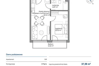 Rzut - Mieszkanie na sprzedaż 2 pokoje o powierzchni 37,59 m² - numer 3.8 w Anchoria Holiday