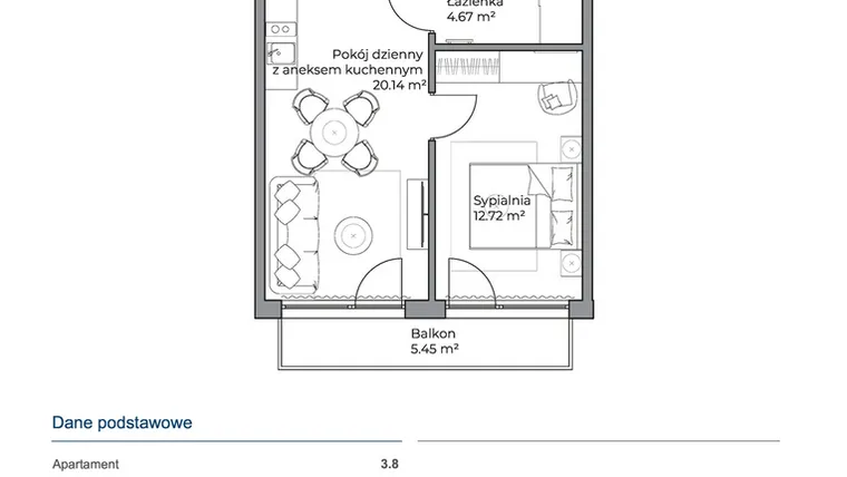 Rzut - Mieszkanie na sprzedaż 2 pokoje o powierzchni 37,59 m² - numer 3.8 w Anchoria Holiday