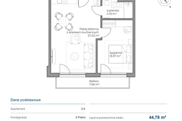 Rzut - Mieszkanie na sprzedaż 2 pokoje o powierzchni 44,78 m² - numer B.2.4 w Anchoria Holiday