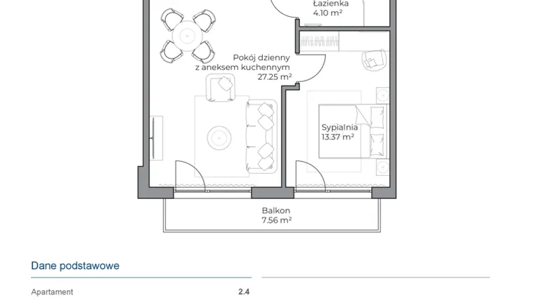 Rzut - Mieszkanie na sprzedaż 2 pokoje o powierzchni 44,78 m² - numer B.2.4 w Anchoria Holiday