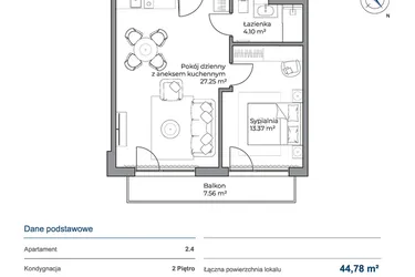 Rzut - Mieszkanie na sprzedaż 2 pokoje o powierzchni 44,78 m² - numer 2.4 w Anchoria Holiday