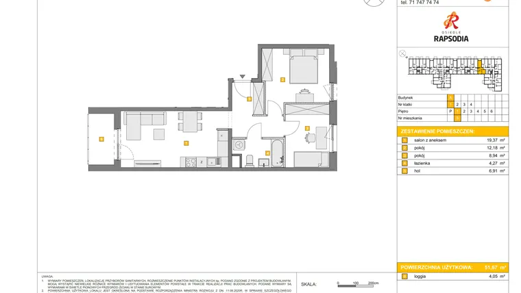 Rzut - Mieszkanie na sprzedaż 3 pokoje o powierzchni 51,67 m² - numer A.5 w Osiedle Rapsodia