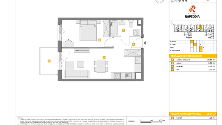Rzut - Mieszkanie na sprzedaż 2 pokoje o powierzchni 40,35 m² - numer A.58 w Osiedle Rapsodia
