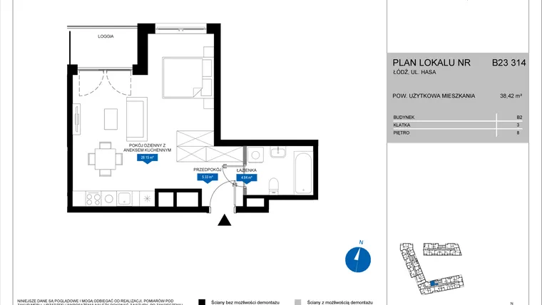 Rzut - Mieszkanie na sprzedaż 1 pokój o powierzchni 38,42 m² - numer B23 314 w Flow - bud. B2 A i bud. B2 B