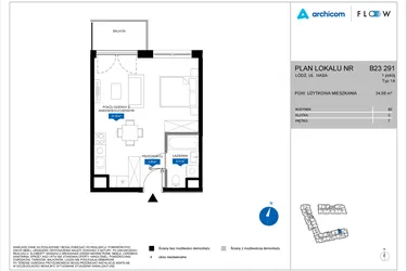 Rzut - Mieszkanie na sprzedaż 1 pokój o powierzchni 34,68 m² - numer B23 291 w Flow - bud. B2 A i bud. B2 B