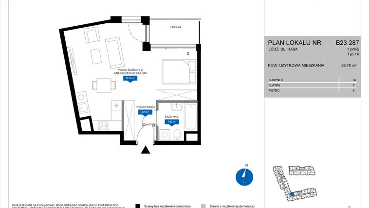Rzut - Mieszkanie na sprzedaż 1 pokój o powierzchni 38,76 m² - numer B23 287 w Flow - bud. B2 A i bud. B2 B