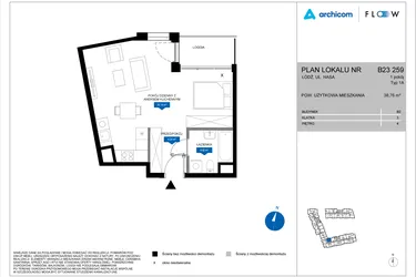 Rzut - Mieszkanie na sprzedaż 1 pokój o powierzchni 38,76 m² - numer B23 259 w Flow - bud. B2 A i bud. B2 B