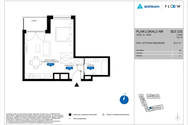 Rzut - Mieszkanie na sprzedaż 1 pokój o powierzchni 38,31 m² - numer B23 232 w Flow - bud. B2 A i bud. B2 B