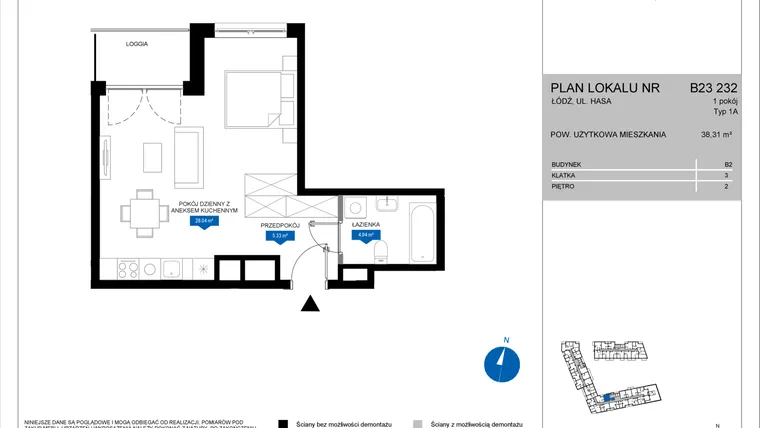 Rzut - Mieszkanie na sprzedaż 1 pokój o powierzchni 38,31 m² - numer B23 232 w Flow - bud. B2 A i bud. B2 B
