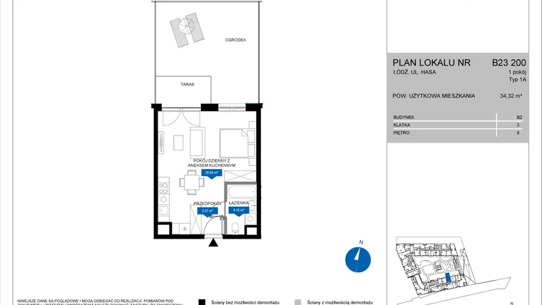 Rzut - Mieszkanie na sprzedaż 1 pokój o powierzchni 34,32 m² - numer B23 200 w Flow - bud. B2 A i bud. B2 B