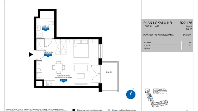 Rzut - Mieszkanie na sprzedaż 1 pokój o powierzchni 37,61 m² - numer B22 176 w Flow - bud. B2 A i bud. B2 B