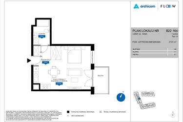 Rzut - Mieszkanie na sprzedaż 1 pokój o powierzchni 37,61 m² - numer B22 164 w Flow - bud. B2 A i bud. B2 B