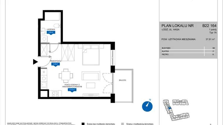 Rzut - Mieszkanie na sprzedaż 1 pokój o powierzchni 37,61 m² - numer B22 164 w Flow - bud. B2 A i bud. B2 B