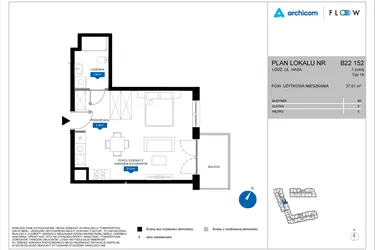Rzut - Mieszkanie na sprzedaż 1 pokój o powierzchni 37,61 m² - numer B22 152 w Flow - bud. B2 A i bud. B2 B