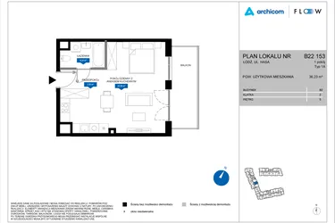 Rzut - Mieszkanie na sprzedaż 1 pokój o powierzchni 36,23 m² - numer B22 153 w Flow - bud. B2 A i bud. B2 B